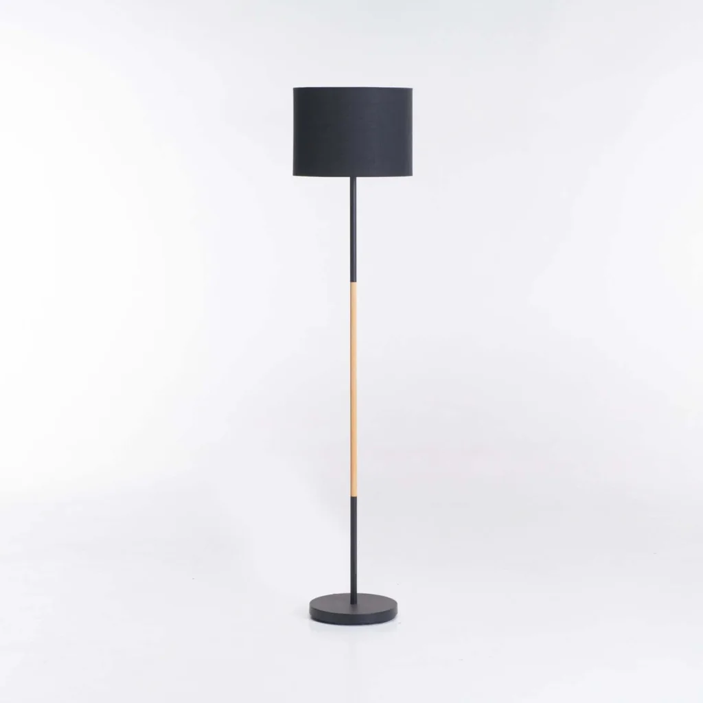 FLOOR LAMP BLACK+WOOD BLACK FABRIC SHADE 150cm H