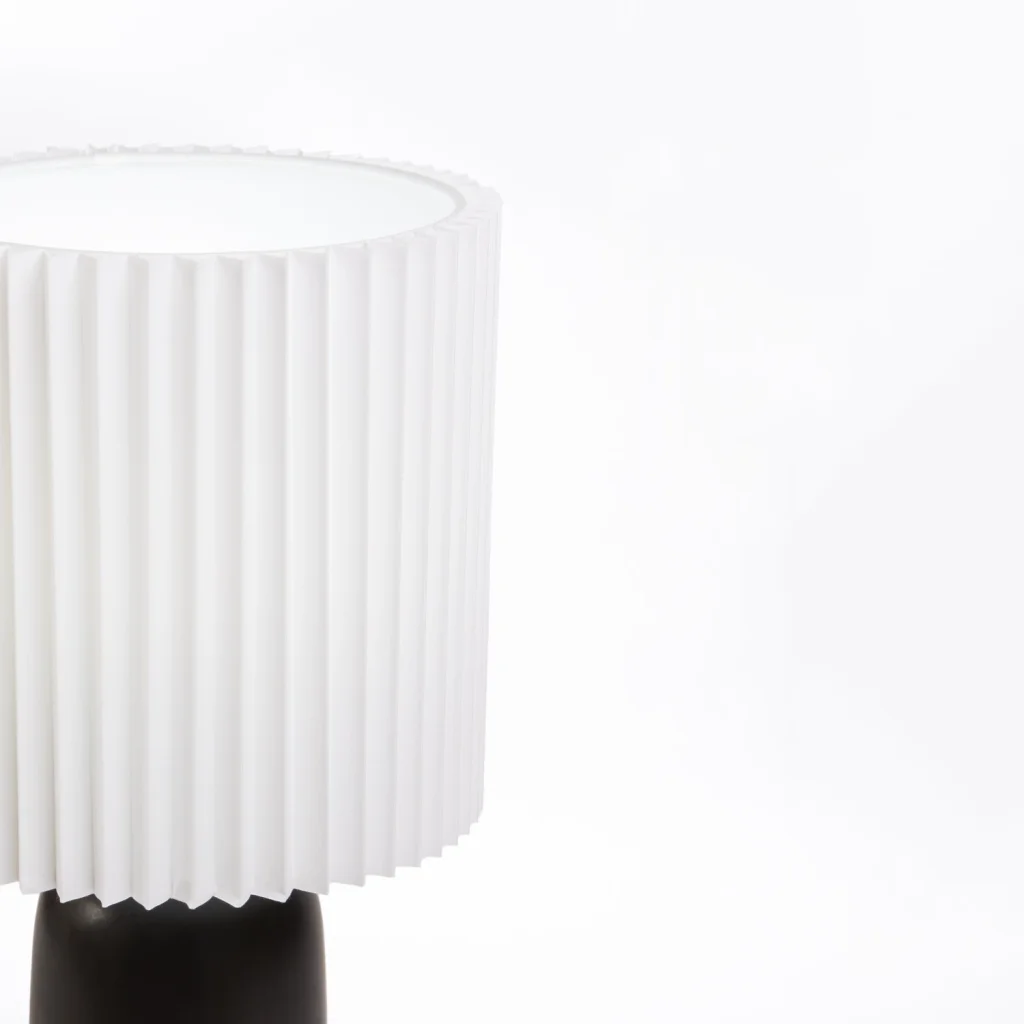 TABLE LAMP BLACK CYLINDER BASE PLEATED WHITE SHADE - Image 3