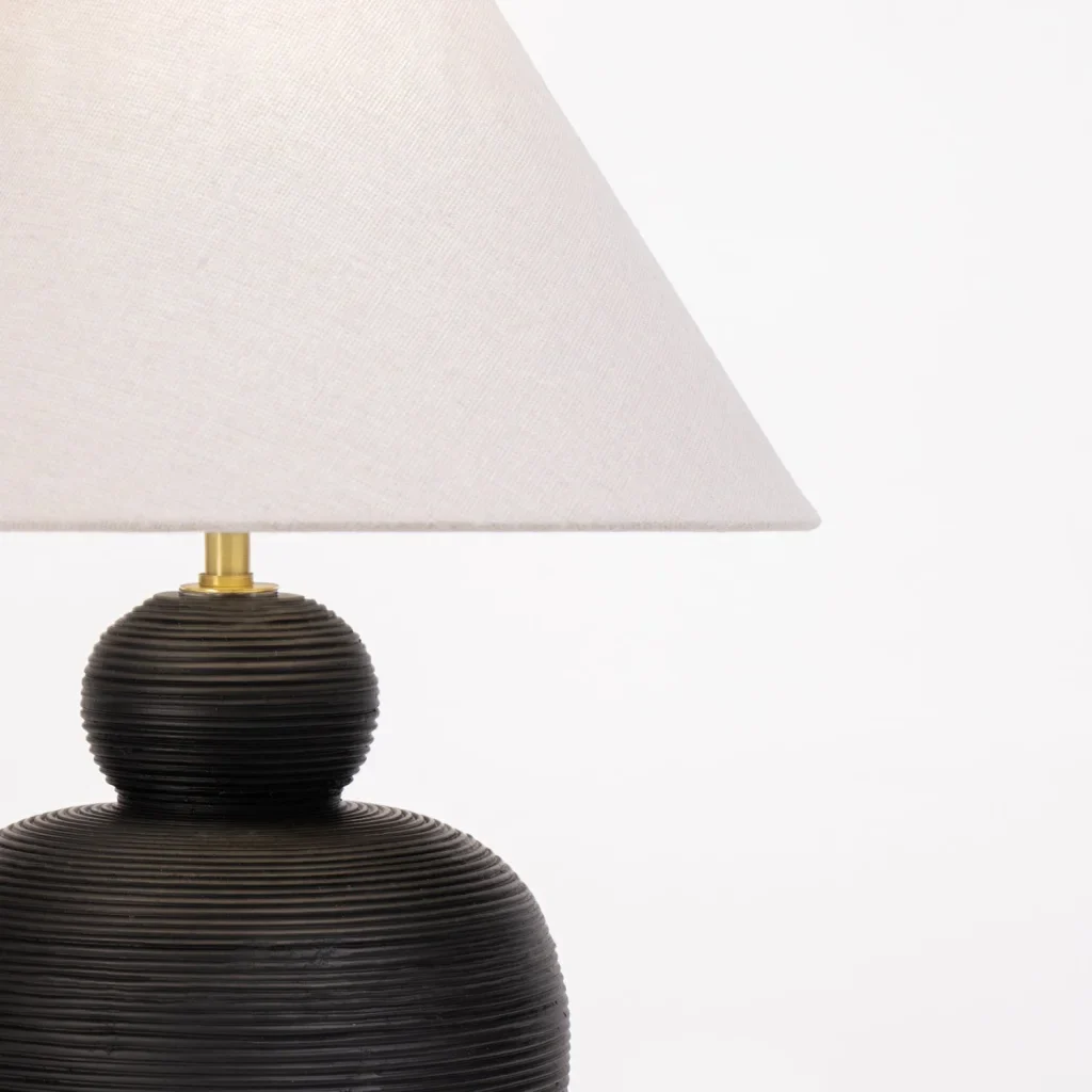 TABLE LAMP BLACK PEBBLE BASE WHITE FABRIC SHADE - Image 3