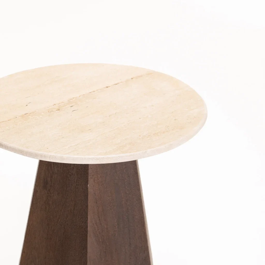 RANI 45cm ROUND TRAVERTINE & SOLID WOOD SIDE TABLE - Image 2